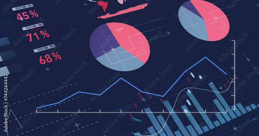 Poster animation of statistics and digital data processing over dark background