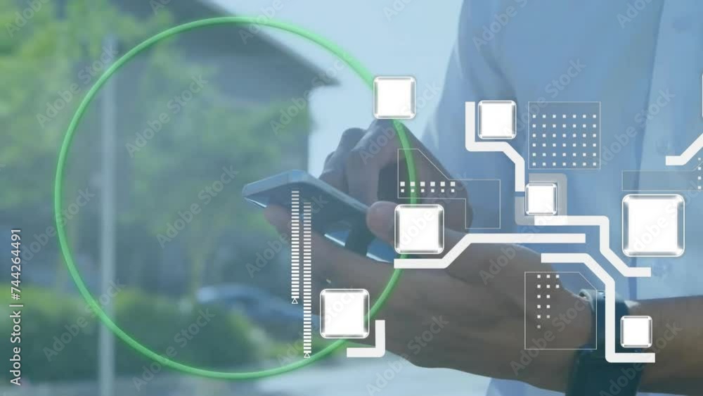 Poster animation of connections and digital data processing over caucasian man using smartphone