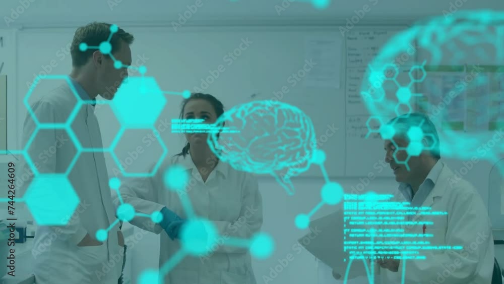 Poster animation of digital brain and data processing over diverse scientists in lab