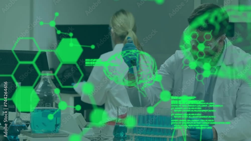 Poster animation of digital brain and data processing over diverse scientists in lab