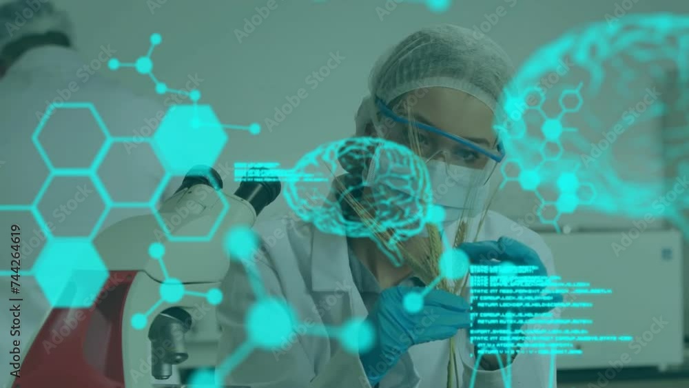 Poster animation of digital brain and data processing over caucasian female scientist in lab