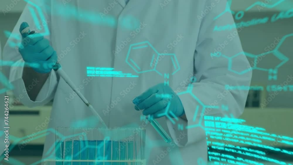 Poster animation of chemical formula and data processing over caucasian male scientist in lab