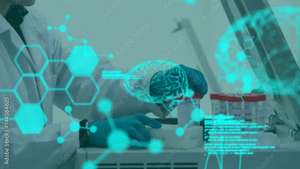 Poster animation of digital brain and data processing over caucasian male scientist in lab