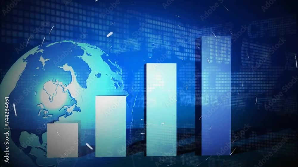 Poster animation of financial data processing over globe on blue background