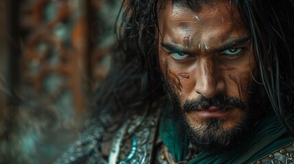 A handsome Romani warrior with green eyes, long black hair, muscular, silver medieval armor, green cloak, dynamic pose