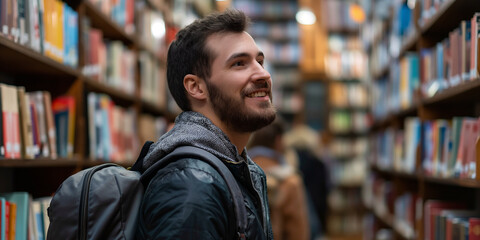 Cheerful male international student with backpack, standing near bookshelves at university library or book store during break between lessons. Education concept, Generative AI