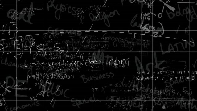 Animation of mathematical equations over texts on black background