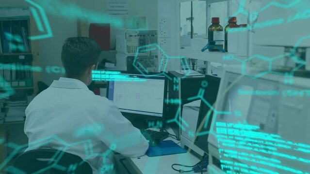 Animation of chemical formula and data processing over caucasian scientist using computer in lab