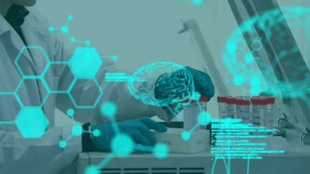 Animation of digital brain and data processing over caucasian male scientist in lab