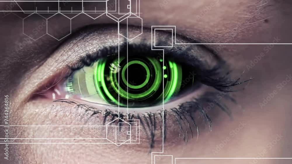 Poster animation of frames with hexagons over eye with scope scanning