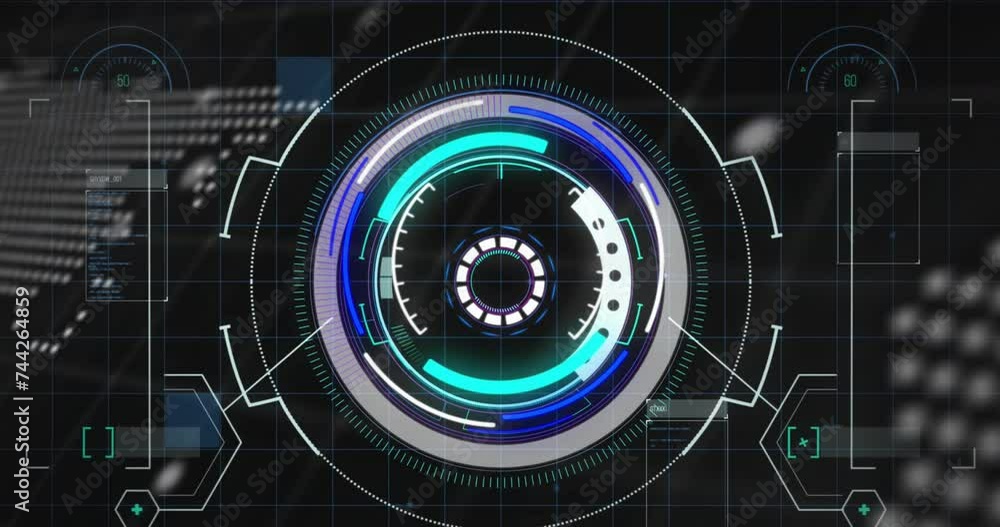 Poster animation of scope scanning over data processing and world map on black background