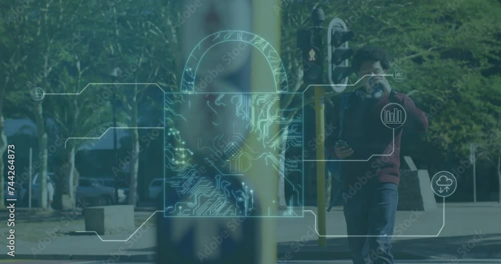 Poster animation of padlock with icons over biracial man using smartphone and walking on street