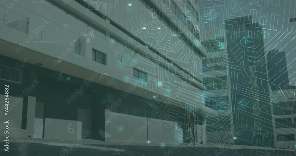 Poster animation of data processing with padlock icon and computer circuit board over cityscape