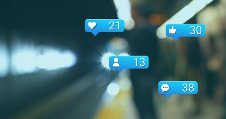 Animation of social media icons with numbers over train station - Powered by Adobe