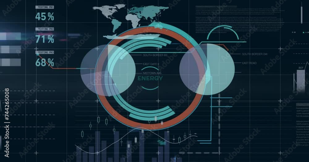 Poster animation of data processing over diagrams and scope scanning on black background