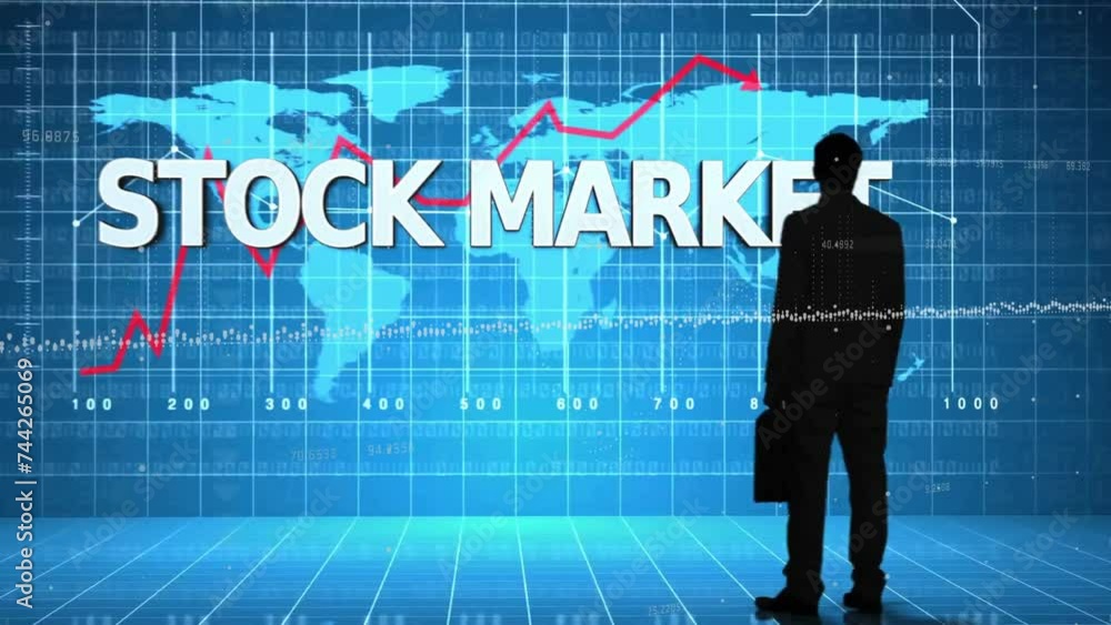 Poster Animation of data processing and stock market text over businessman and world map