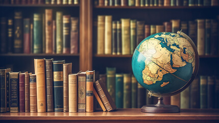 Spare Globe on Desktop with Law Book, Old Globe on Bookshelf Background. Selective Focus, Science, Education, Earth Day, Literacy Day Background