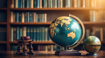 Spare Globe on Desktop with Law Book, Old Globe on Bookshelf Background. Selective Focus, Science,...