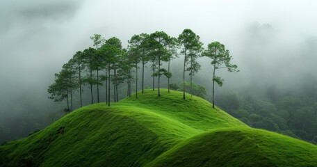 The Tranquil Vista of Trees Climbing a Verdant Hill Under the Fog-Enveloped Sky of a Cloudy Forest