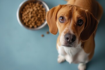 a beagle dog is sitting next to a bowl of dog food