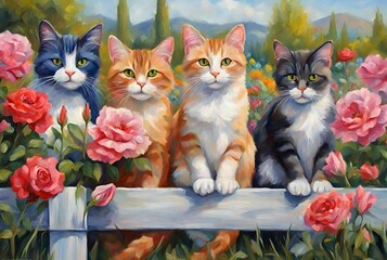 Cats at the country fence nature illustration. Summer flowers and landscape with cute orange and brown tabby cats.