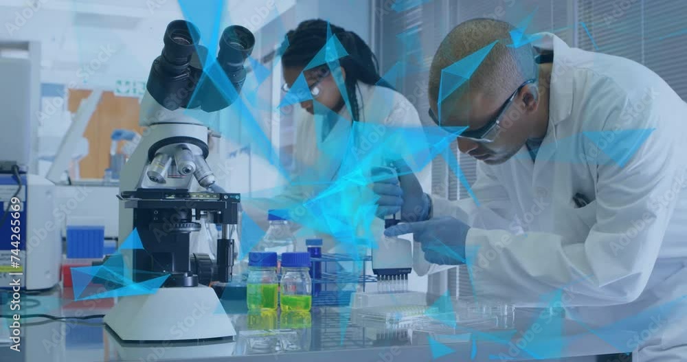 Aufkleber animation of network of connections over diverse scientists in laboratory