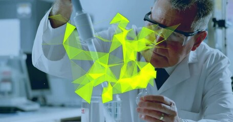 Animation of network of connections over caucasian male scientist in laboratory - Powered by Adobe