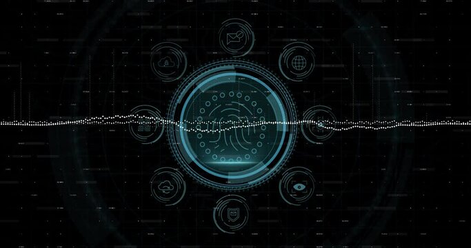 Animation of digital data processing, icons over scope scanning on dark background