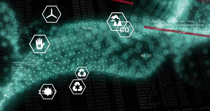 Animation of digital data processing and eco icons over glowing mesh