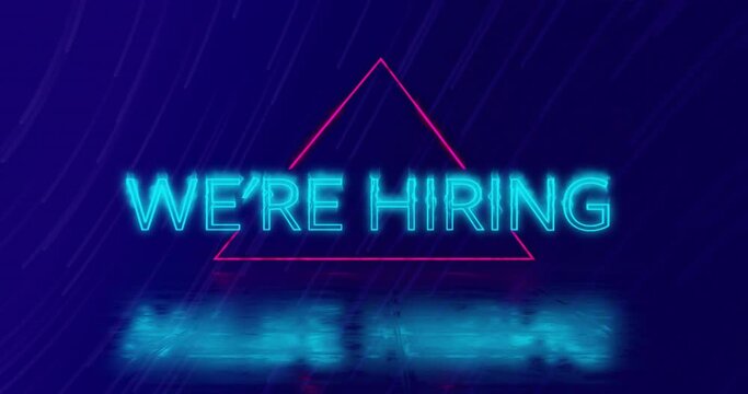 Animation of we're hiring neon text over neon pattern on dark background