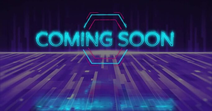 Animation of coming soon neon text over light trails on dark background