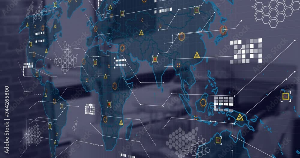 Poster animation of financial data processing and world map over desk in office