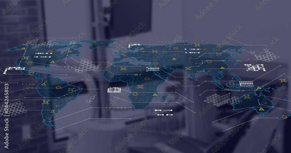 Poster animation of financial data processing and world map over desk in office