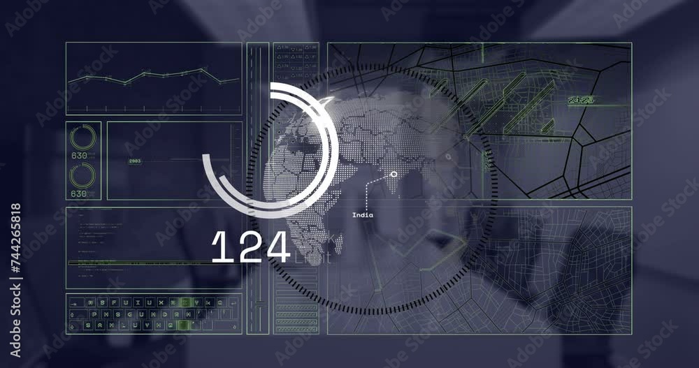 Poster animation of financial data processing over desk in office