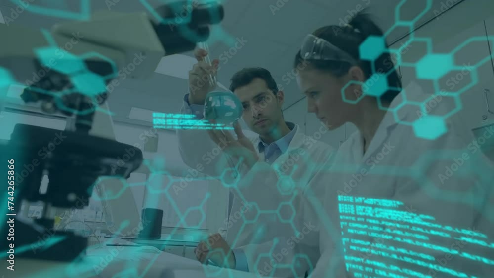 Poster animation of scientific data processing over diverse scientists in laboratory