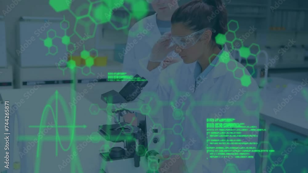 Poster animation of scientific data processing over diverse scientists in laboratory