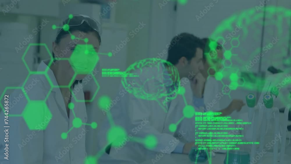 Poster animation of scientific data processing over diverse scientists in laboratory