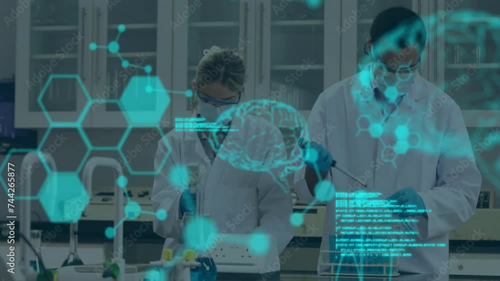 Poster animation of scientific data processing over diverse scientists in laboratory