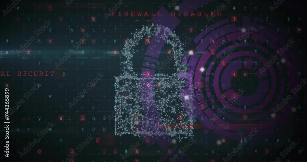Poster animation of digital data processing and padlock on dark background
