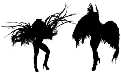 samba, baile, brasil, danza, carnaval, silueta, color, vector, pegatina, plumas, traje,  ilustracion, angel, diablo, pareja