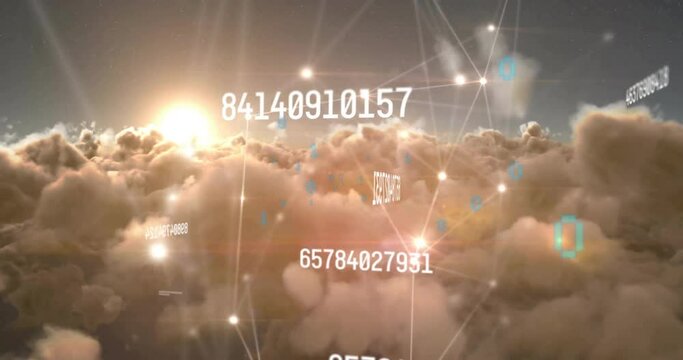 Animation of network of connections and numbers over clouds