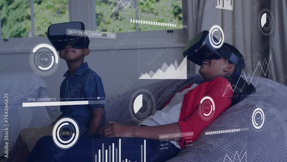 Poster animation of icons and data processing over biracial girl using vr headset