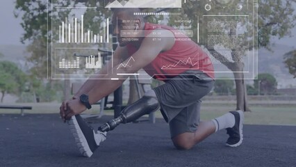 Animation of data processing over biracial man with artificial leg exercising - Powered by Adobe