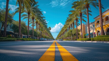 Fototapeta premium A Street with a Bright Yellow Divider, Complemented by the Natural Beauty of Palm Trees