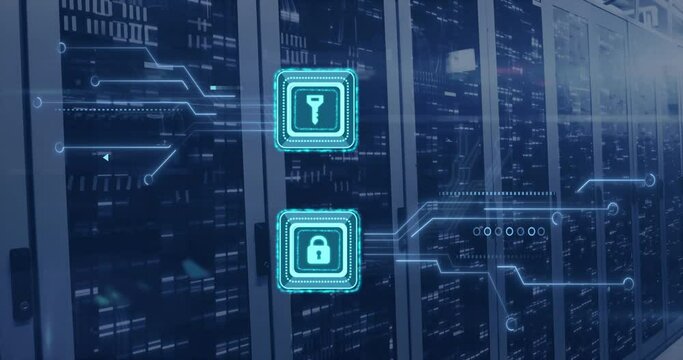Animation of digital data processing, padlock and key icons, circuit board and computer servers