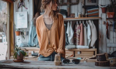 Stylish woman in a beige blouse and jeans in a shop