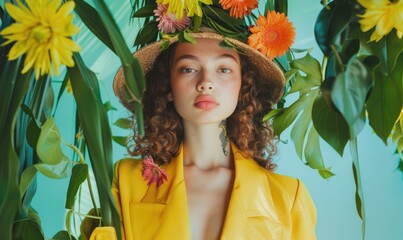 beautiful young woman in straw hat and yellow coat with tropical flowers