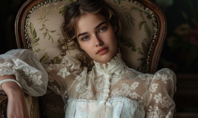 Portrait of a beautiful young woman in a white lace blouse.