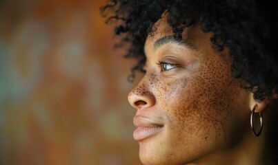 Close up portrait of a beautiful african american woman with freckles - obrazy, fototapety, plakaty
