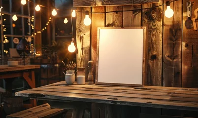 Foto op Canvas Empty wooden board on table in cafe, closeup. Space for text. Mock up for menu or design © TheoTheWizard